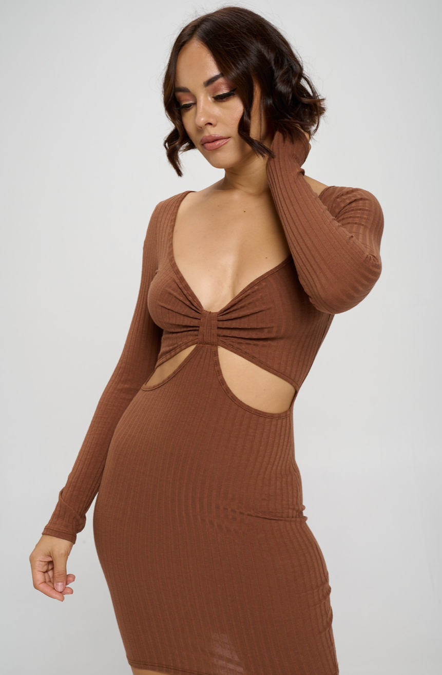 Rib Long Sleeve Cut Out Dress L / Black Rib Long Sleeve Cut Out Dress L / Black
